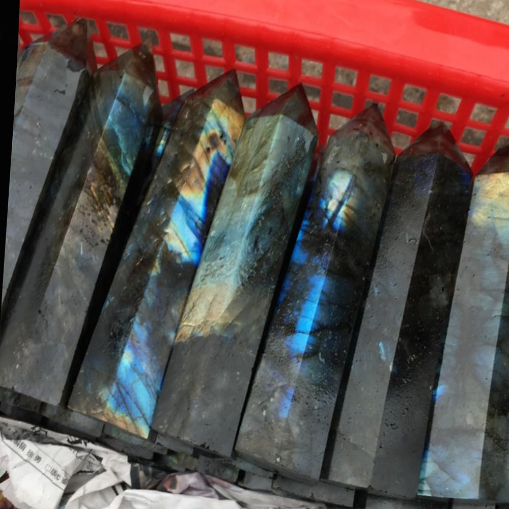 Natural Labradorite Crystal Point - 5.8-6.2 inch Labradorite Wand with Iridescent Rainbow Flash Stone for Energy Protection, Spiritual Awakening & Decoration - (Labradorite /5.8-6.2 inch 2pcs)