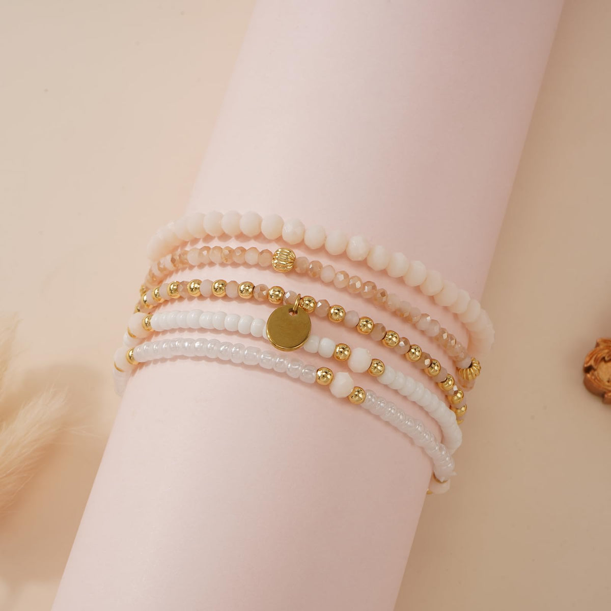 Bohxantium Gold Crystal Beaded Bracelets for Women 14K Gold Plated Beads Ball Bracelet Stack Stretch White Seed Beads Stackable Non Tarnish Trendy Jewelry Prom Birthday Friendship Gift for Women