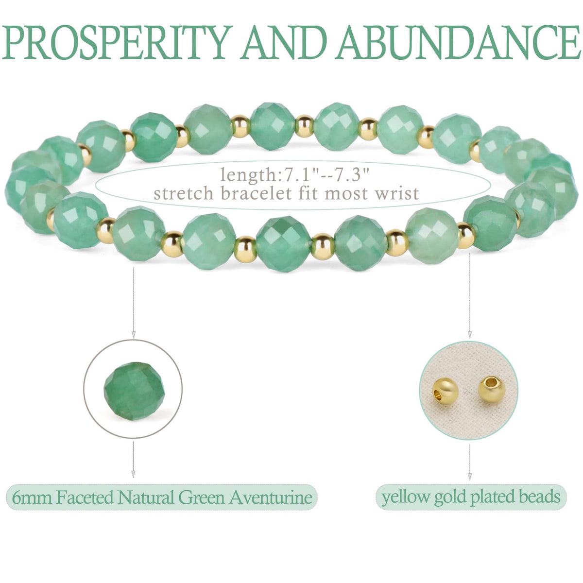 QOGIR Green Aventurine - Prosperity - 14K Gold Plated Beads Natural Gemstone Stretch Elastic Dainty Healing Beaded Bracelets Gifts 6mm