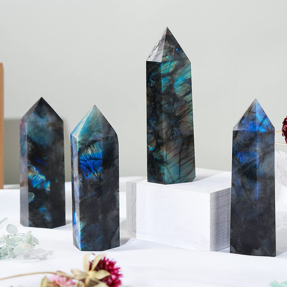Runyangshi Large Labradorite Healing Crystal Wand 4.72"-5.12" Crystal Tower 6 Faceted Single Point Crystal Prism Wand Natural Quartz Stones for Meditation Reiki Chakra Therapy Home Decor Gift