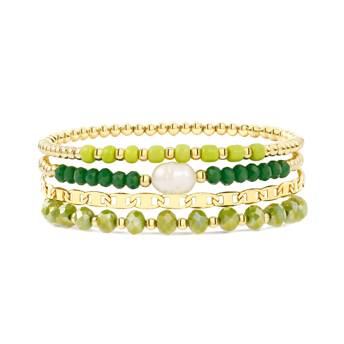 Gold Bracelets for Women Green Crystal Multiple Layered Stackable Wrap Beaded Bangle Set Coffee Bean Chain Trendy Jewelry