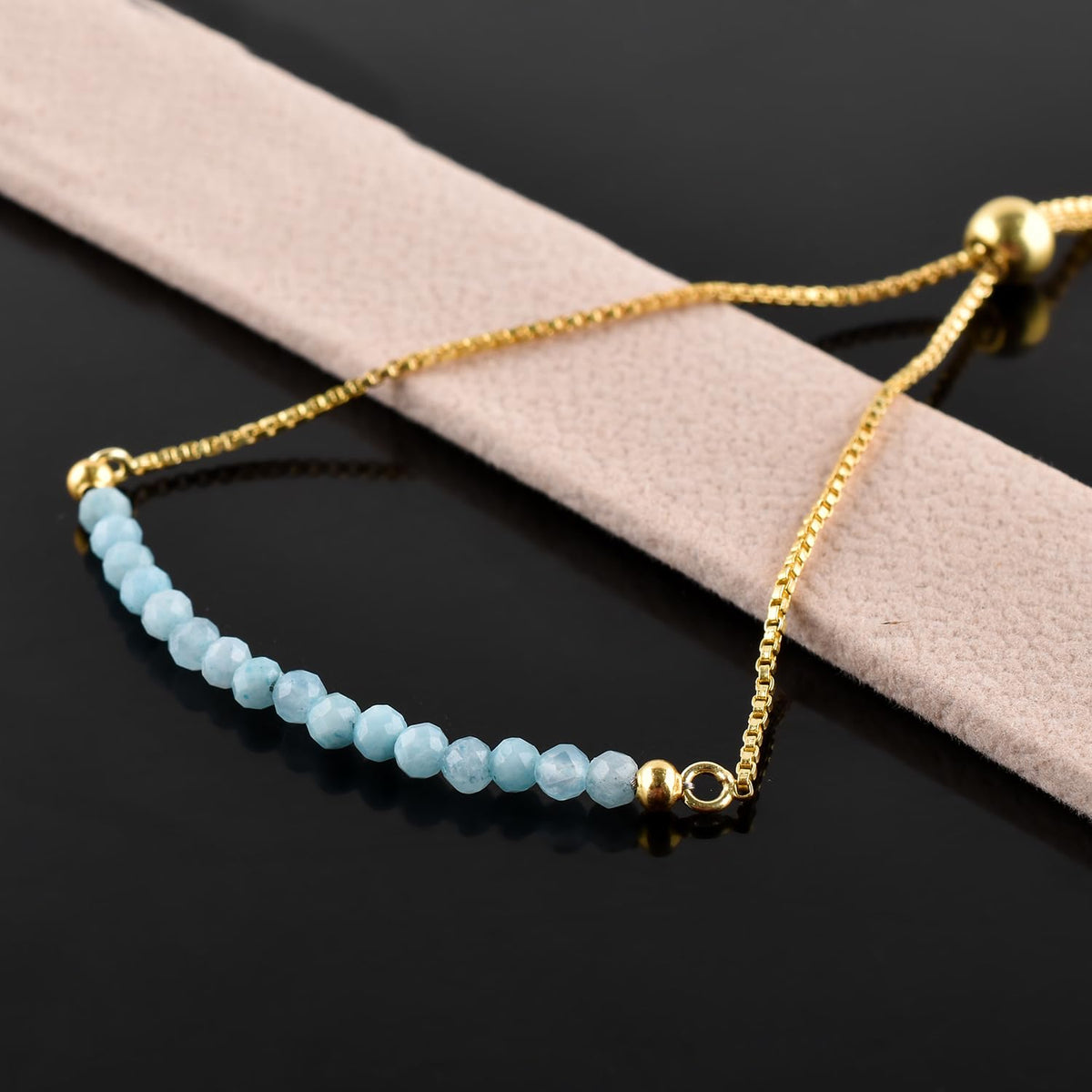 InfinityGemsArt Larimar Bracelets For Women, Natural Birthstone Jewelry Blue Beads Beaded Stone Bolo Slider Crystals Gemstones Jewelry, 14K Gold Plated Adjustable Chain, Valentines Day Gifts For Her