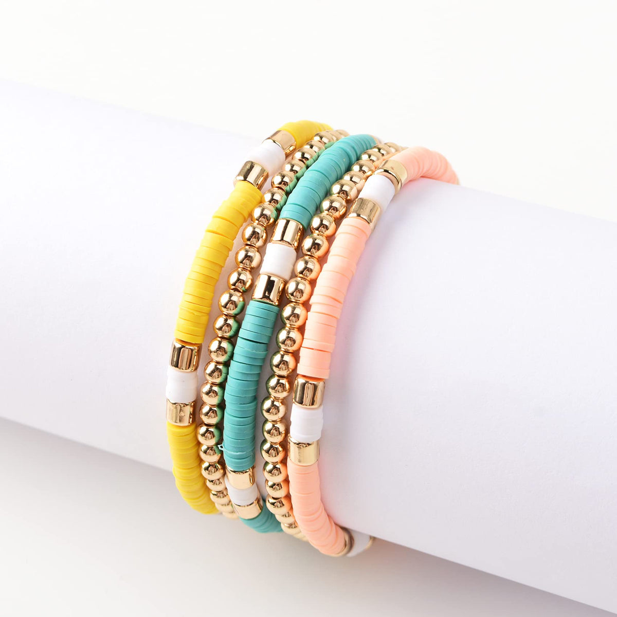 GOOJIDS Surfer Heishi Clay Bead Bracelets for Women Bohemian Stackable Gold Plated Beaded Stretch Bracelets Elastic Layering Friendship Bracelets Set Boho Jewelry