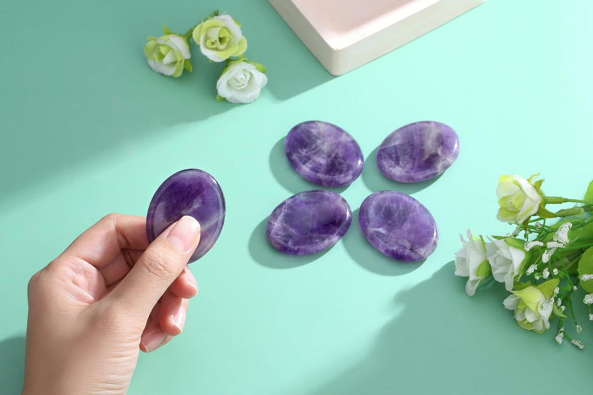 NUKAYAI Thumb Worry Stone Amethyst Crystal Rock Crystals and Healing Stones Oval Natural Fidget Meditation Accessories Gemstones Trinkets Pocket Stress Relief Gifts Anxiety Relief Items for Women Men