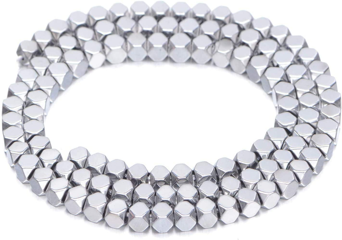AD Beads Natural Hematite Gemstone Faceted Square Cube Loose Beads 16" (6x6mm, Metallic Silver)