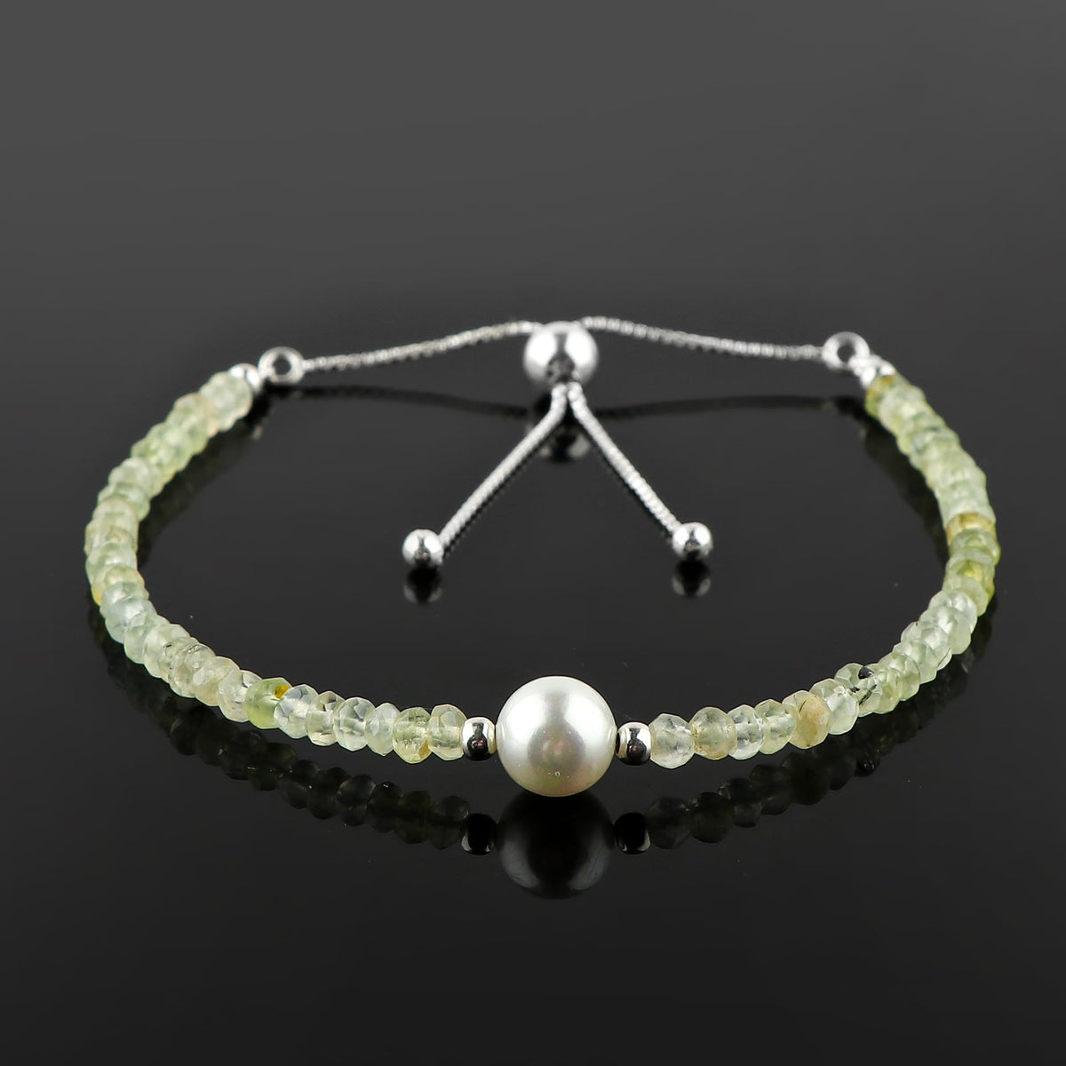 CRYSTALINES Natural Prehnite Gemstone Bolo Bracelet & Pearl, Faceted Beads Stones, Handmade Boho Hypoallergenic Jewelry, Healing Crystals, Silver Adjustable Chain 6+4inch, Minimalist Trendy Gifts