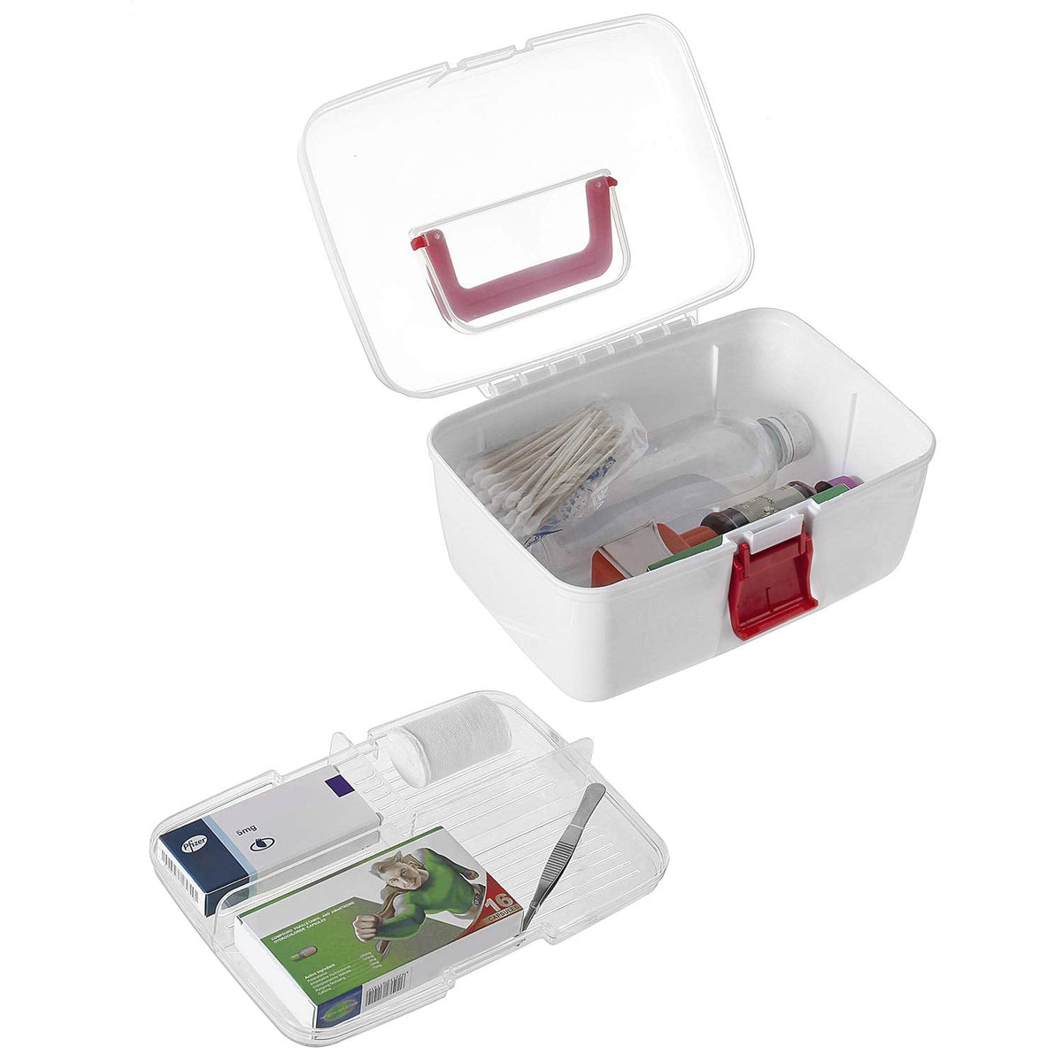MyGift 10 Inch Multipurpose Portable White Plastic Storage Box with Removable Tray, Clear Lid and and Red Handle and Latch Lock, Home First Aid Storage Tool Box Sewing Kit Organizer Carrying Case