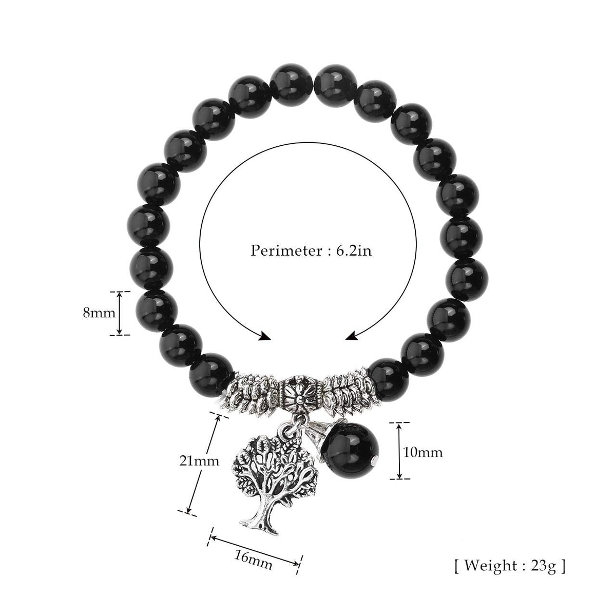 Jovivi 8MM Natural Black Agate Onyx Gemstone Healing Point Tree Life Lucky Charm Stretch Bracelet