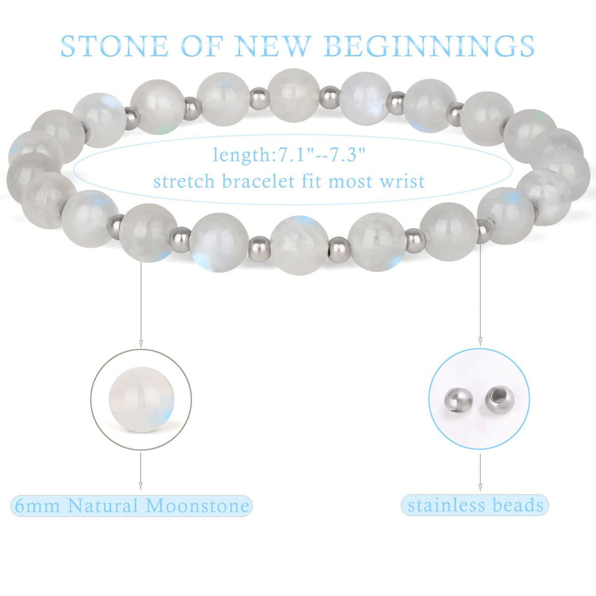 QOGIR Moonstone - New Beginnings - Stainless Silver Beads Natural Gemstone Stretch Elastic Dainty Healing Beaded Bracelets Gifts 6mm
