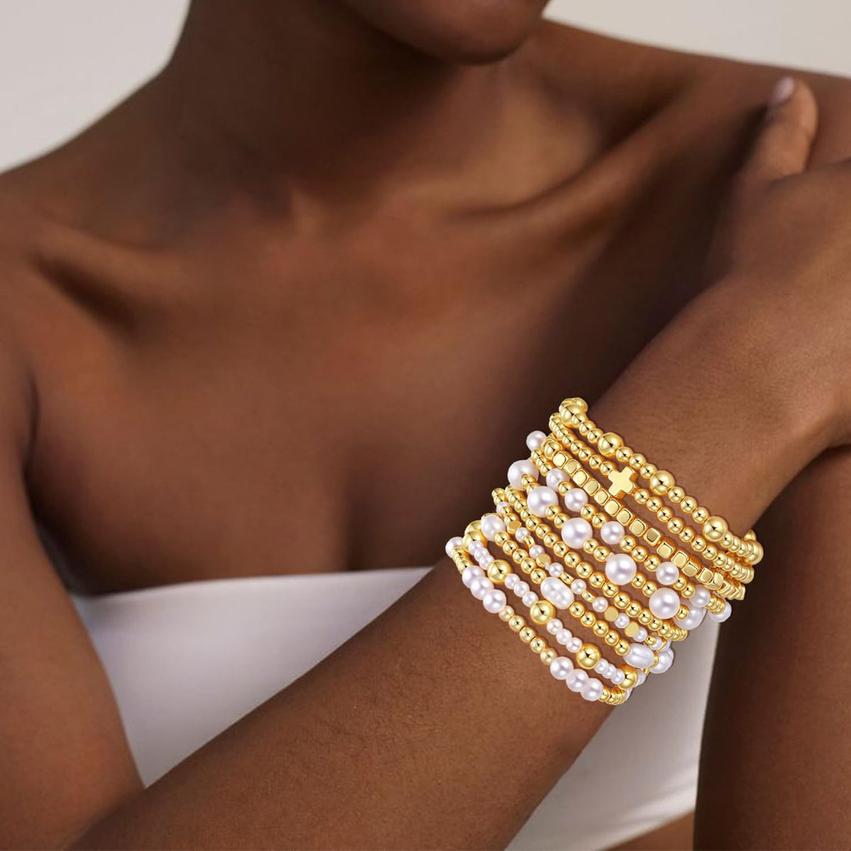 COLOYAN 10PCS Gold Bracelets for Women Stack, Cross Beaded Strand Bead Ball Stackable Gold Bracelet, Pearl Beaded Bracelets Elastic Bracelet Set