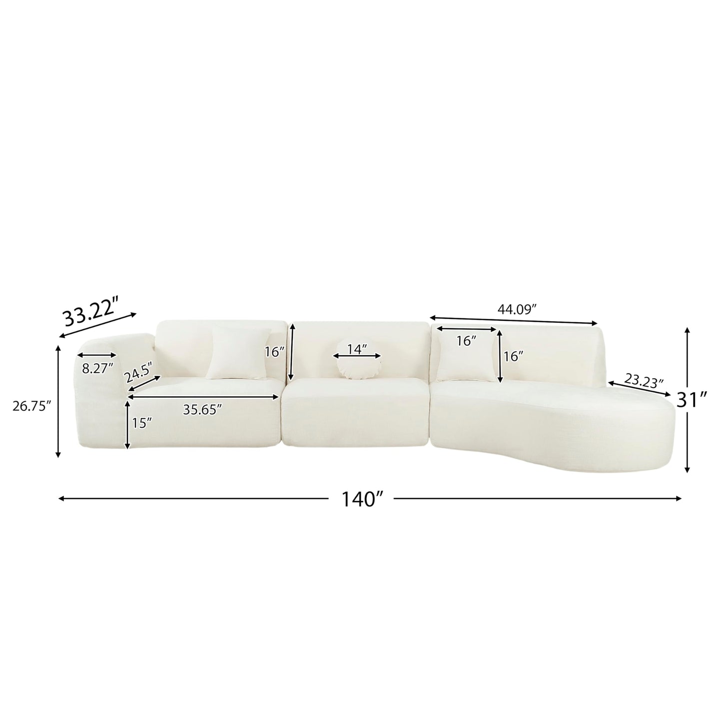 Merax 140" Curved Polyester Sectional Sofa Set, Modern Cloud Couch with Chaise Lounge & 3 Pillows, Fully Assembled for Living Room, Beige