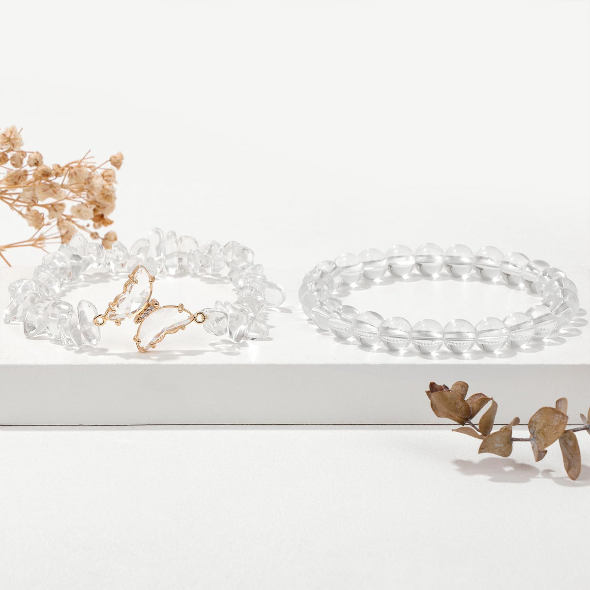 GolbalJew Clear Quartz Bracelet for Women Healing Crystal Stone Bracelets Clear Gemstone Beads Stretch Bracelet Butterfly Charms Jewelry Women Gift