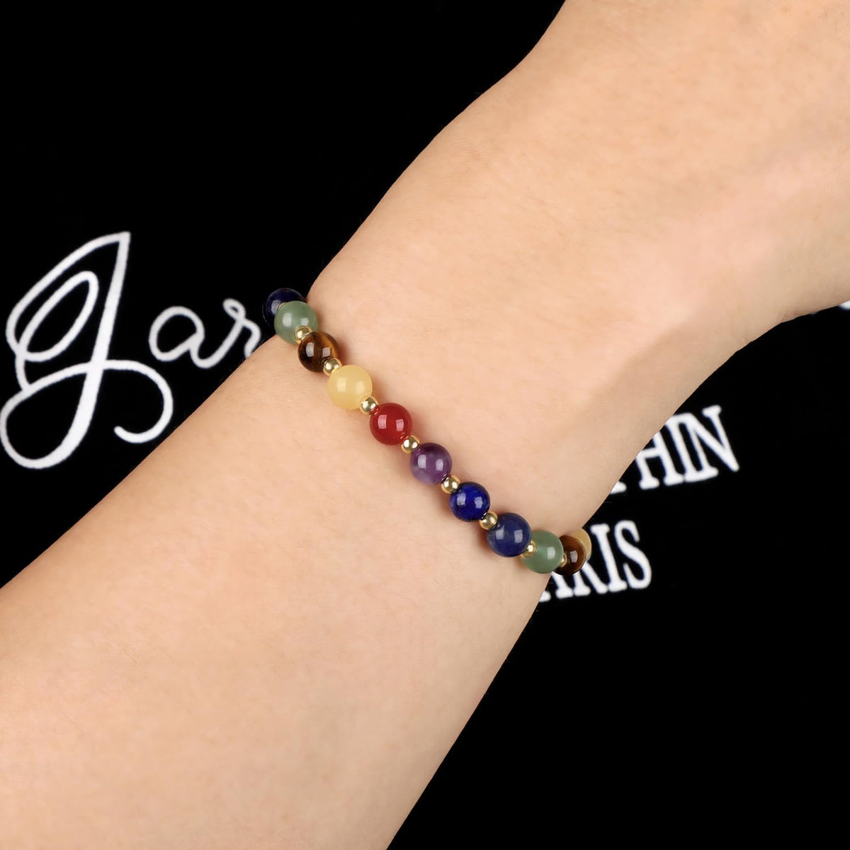 QOGIR 7 Chakra - Activate The Chakras - 14K Gold Plated Beads Natural Gemstone Stretch Elastic Dainty Healing Beaded Bracelets Gifts 6mm