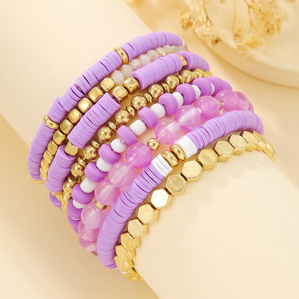 YEOSMINE Boho Heishi Clay Beaded Stretch Bracelets Stack For Women, Preppy Teens Friendship Gold Bracelets Cute Beach Surfer Accessories Bulk Set Trendy Fashion Jewelry