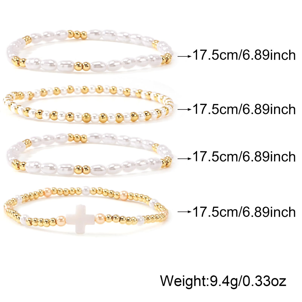 Bohxantium Pearl Gold Beaded Bracelets Set for Women White Cross Bracelet Stack Stretch 14K Gold Plated Beads Ball Stackable Non Tarnish Trendy Dainty Jewelry Friendship Christian Gifts for Women