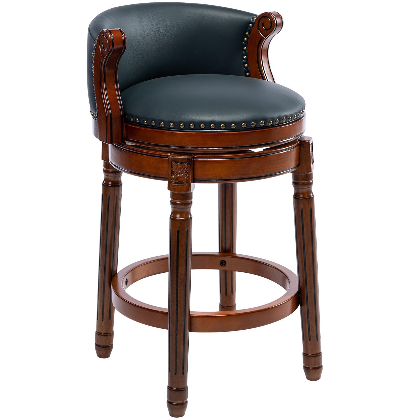 AULIFE Cow top Leather Wooden Bar Stools, 26" Bar Height Bar Chair with Back, 180 Degrees Swivel Barstools Chair for Home Kitchen Counter,Dining Room (Dark Blue 1pc, Counter Height-Seat Height 26”)