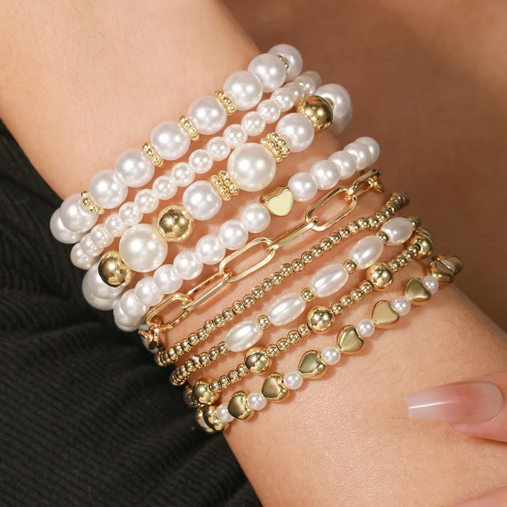 KZL Chunky Imitation Pearl Stackable Stretch Bracelet Set for Women 14K Gold Plated Beaded Stack Bracelets Layered Pearl Elastic Bracelets Wedding Jewelry Gifts-Style 1