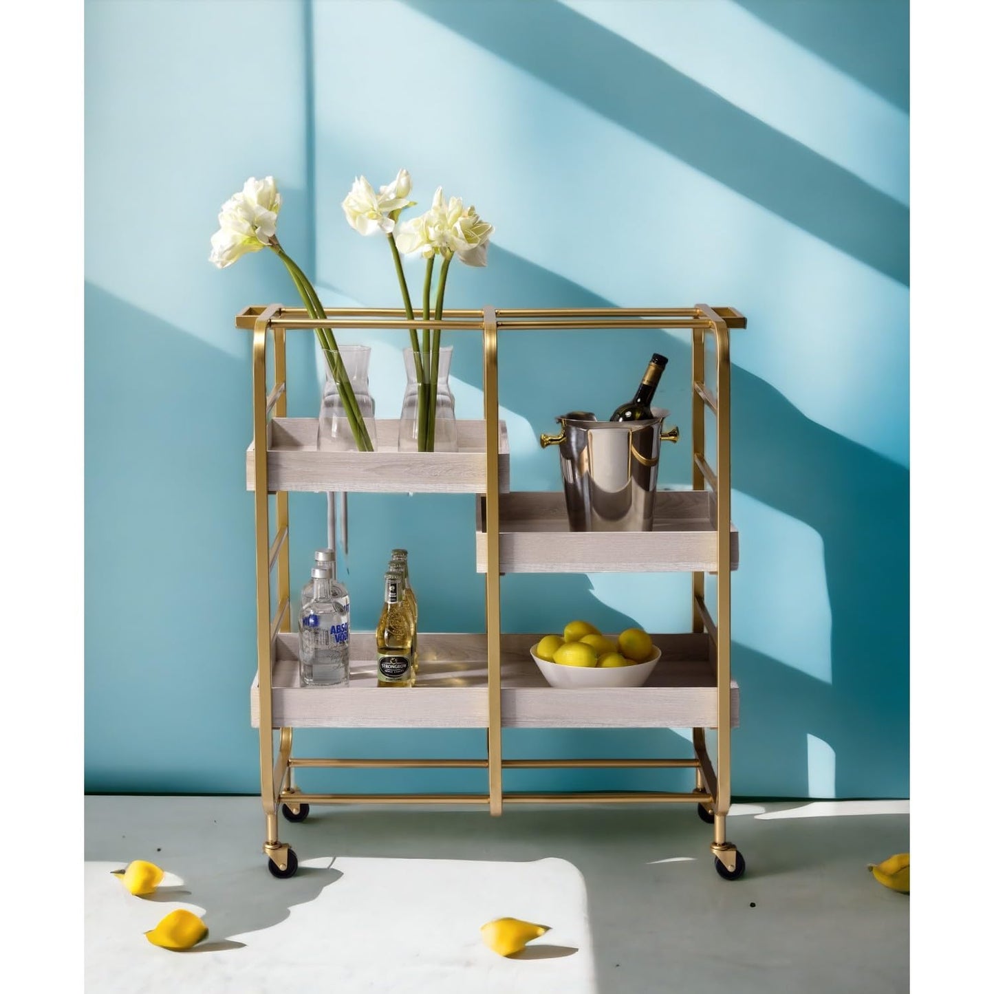 Gold & White Washed Finish Rectangular Serving Cart - 3 Open Compartments for Kitchen and Dining Room Storage