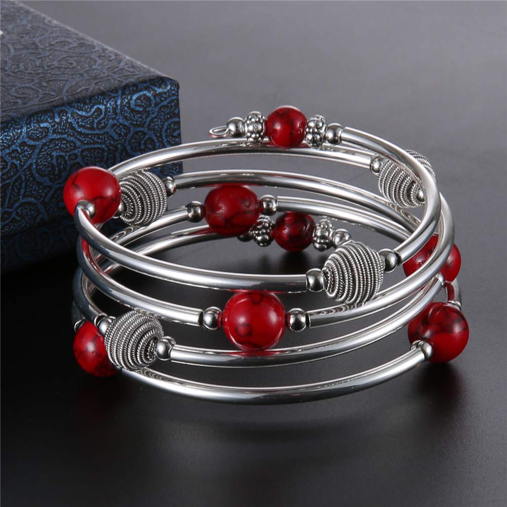 PEARL&CLUB Beaded Chakra Bangle Turquoise Bracelet - Fashion Jewelry Wrap Bracelet with Thick Silver Metal and Mala Beads, Birthday Gifts For Women(63-Red)