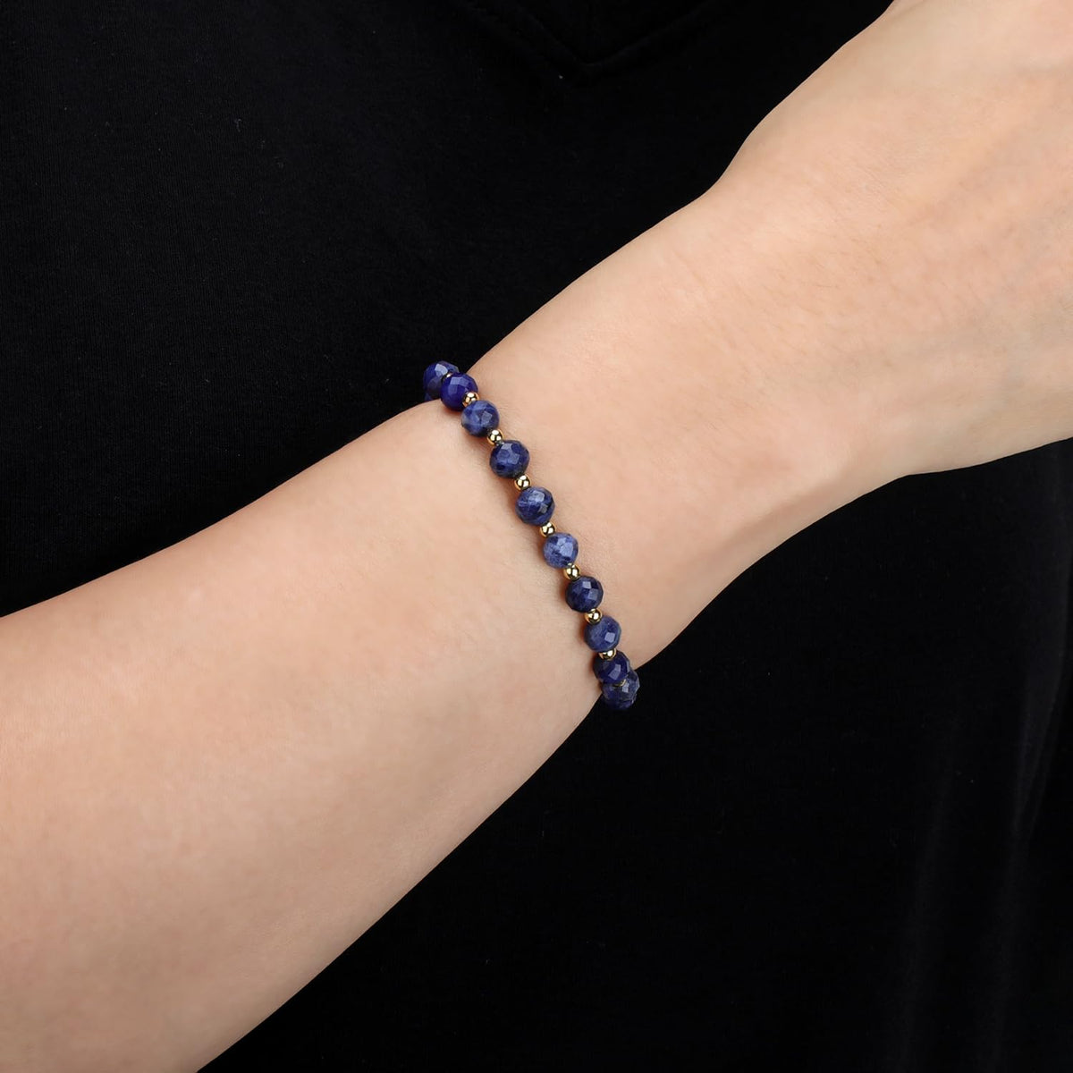 QOGIR Blue Sodalite - Self Confidence - 14K Gold Plated Beads Natural Gemstone Stretch Elastic Dainty Healing Beaded Bracelets Gifts 6mm