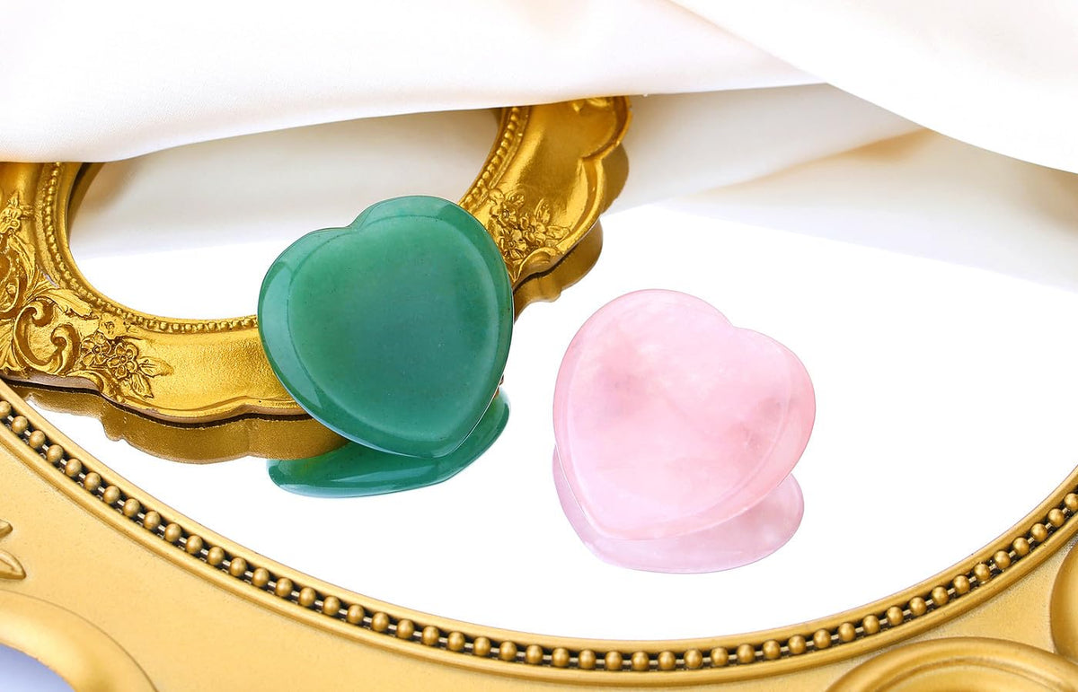 QINJIEJIE 2PCS Heart Crystal Thumb Worry Stone for Anxiety Rose Quartz Green Aventurine Crystals Palm Polished Gemstone Pocket Massage Heart Gem Anxiety Relief Item Meditation Gift for Women