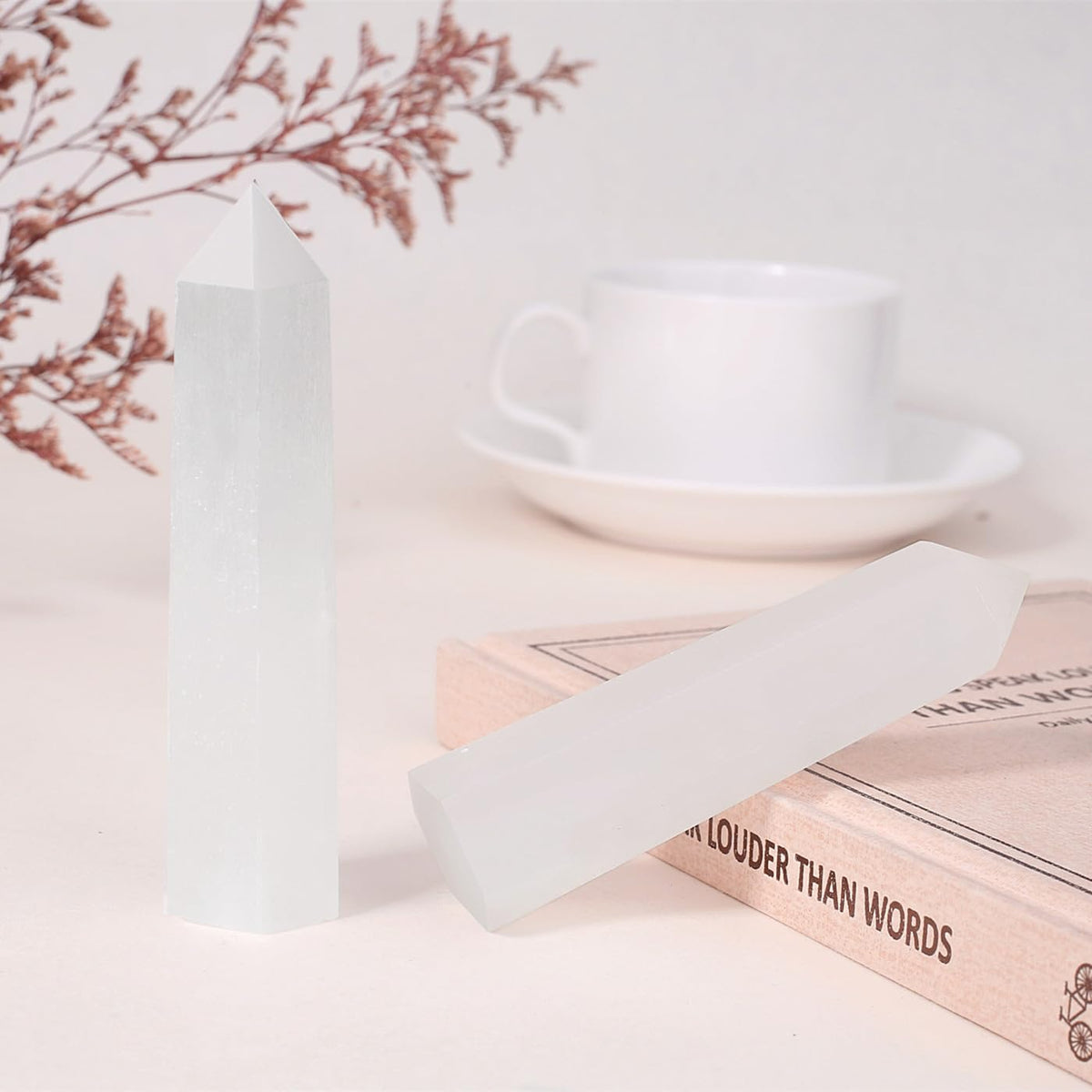 ZHIYUXI 3.7-4" Selenite Crystal Tower Gemstones Gifts Stone 1 Pc Large Crystals Hexagonal Pointed Crystal Wand Reiki Energy Balancing Meditation Therapy Decoration