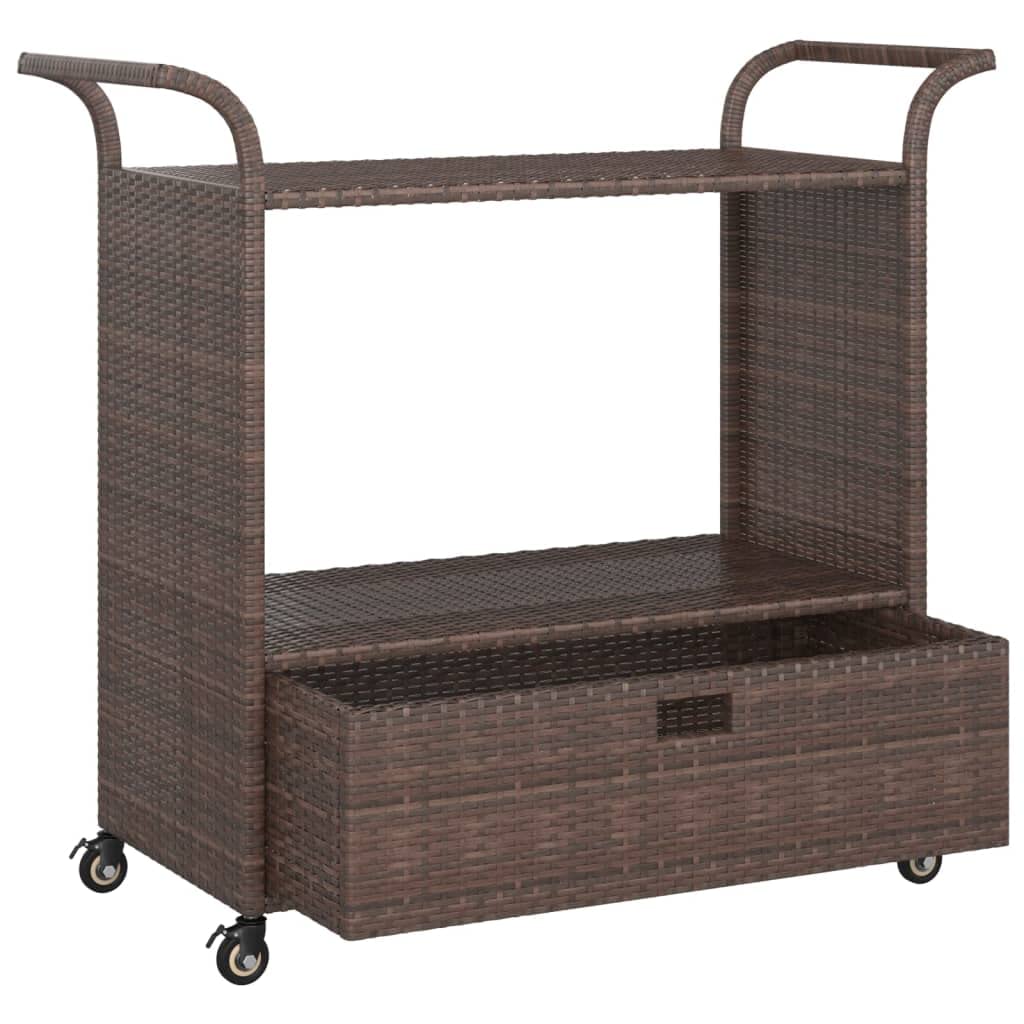 TUERYAFEK Brown Poly Rattan Bar Cart with Drawer, 39.4"x17.7"x38.2", Rolling Serving Trolley with Locking Castors