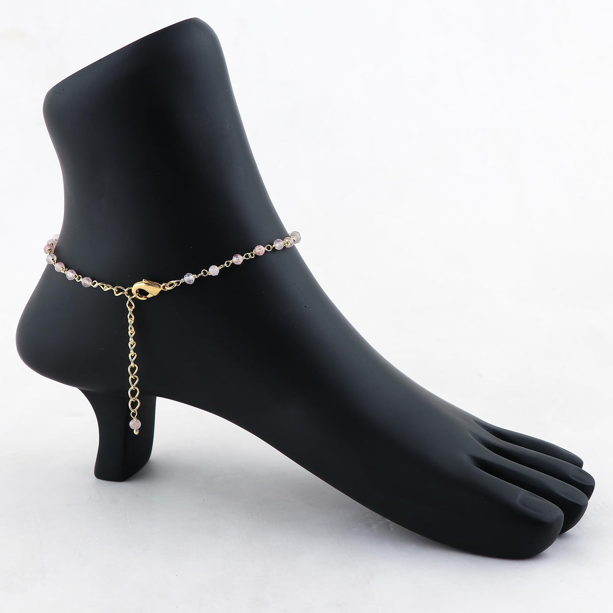 JOR Natural Strawberry Quartz Beaded Rosary Anklet, Handmade Craft, Anklet Beads Bracelet, Chakra Healing Anklet, Gemstone Women Jewelry, Dainty Gold Plated Anklet 9 inch + 2 inch (1pcs)