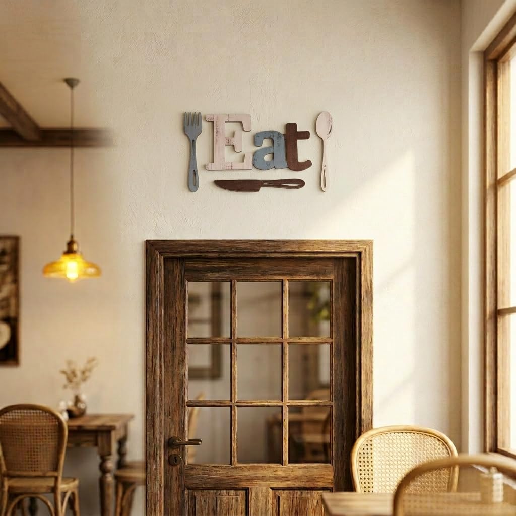 Benlarky Wooden Eat Sign for Kitchen Wall Decor, 4 Pcs Rustic Farmhouse Wall Art with Detailed Spoon Knife Fork, Large Wood Letters Decor for Dining Room, Home Restaurant Kitchen Decor Housewarming Gift