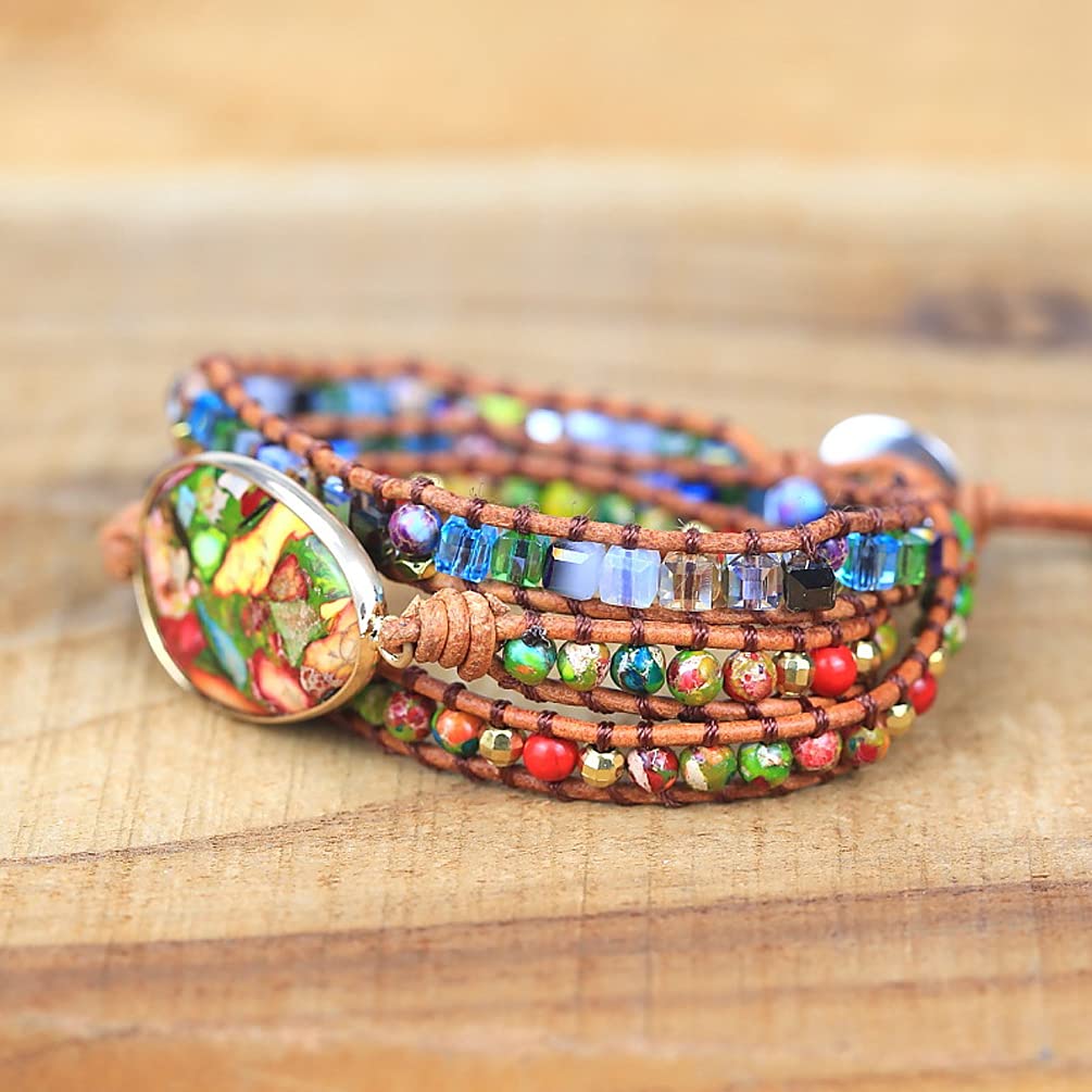 ZOSOJONA Women Wrap Bracelet Boho Natural Jasper Crystal Stone Beads Strand Bracelets (Colored turquoise)