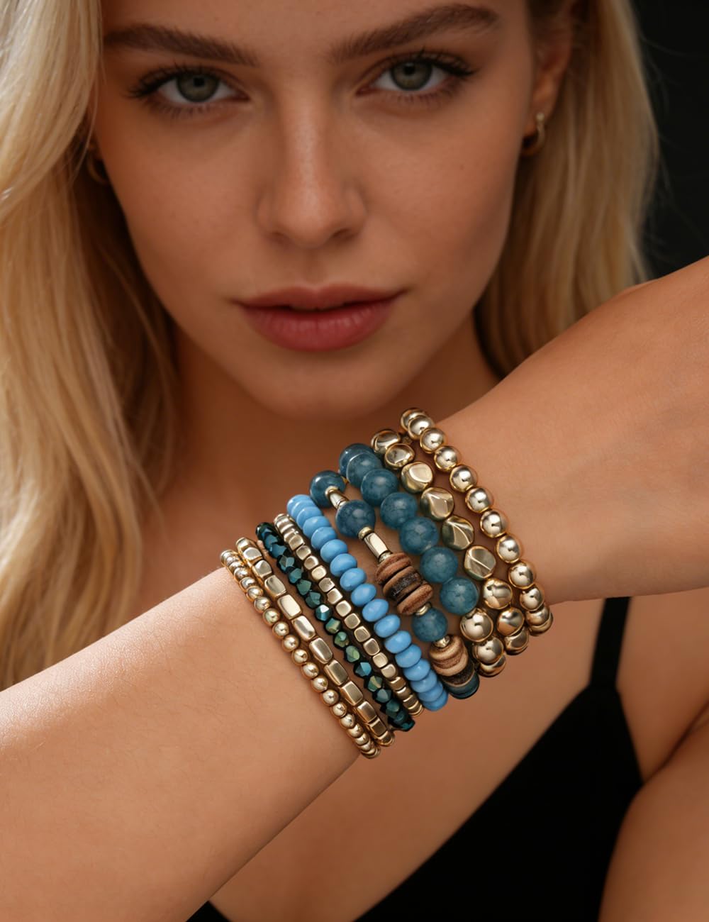 iF YOU 12 Pcs Boho Beaded Bracelets for Women, Brown Orange Bohemian Stackable Gold Bead Stretch Bracelets Stack Jewelry Gift (Blue beaded bracelets)