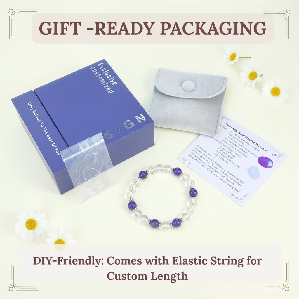 Atminafays 8MM Healing Crystal Bracelet - Amethyst & Clear Quartz | Natural Stone Energy Jewelry for Anxiety Relief and Stress & Positive,adjustable 6.5-8"