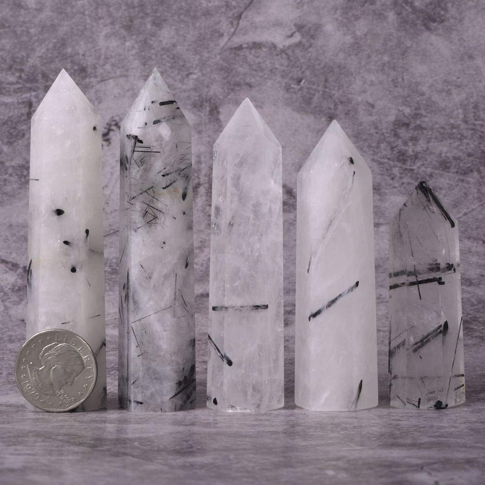 Angelstones Natural Black Rutilated Quartz Gemstone Healing Crystal Hexagonal Pointed Reiki Chakra Faceted Prism Wand Carved Stone Figurine Home Decor