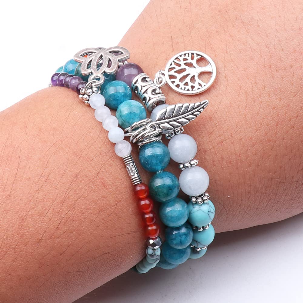 UEUC Natural Gemstone Chakra Bracelets for Women, Multilayer Tree of Life Lotus Crystal Healing Stone Bracelet Sets, Yoga Meditation Reiki Relax Bracelets for Stress Relief(#117)