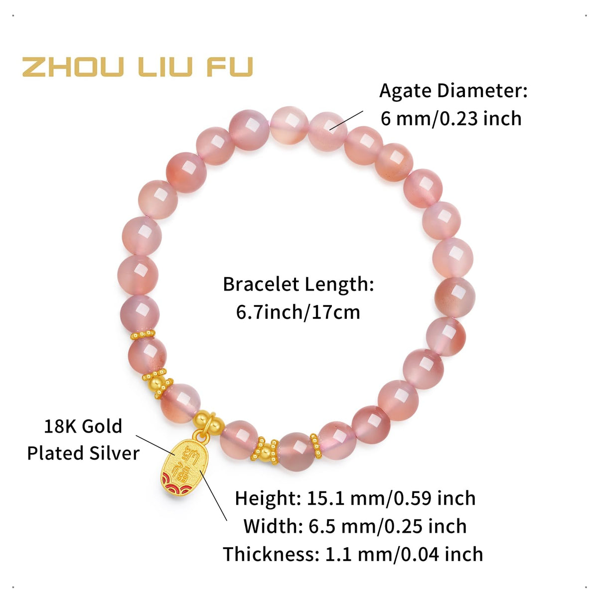 ZHOU LIU FU Sterling Silver Bracelet Silver Pink Agate Beaded Bracelets Fortune Pendant Stretch Bracelet Lucky Jewelry for Women Mom Daughter Birthday 6.7"/17CM J1914587