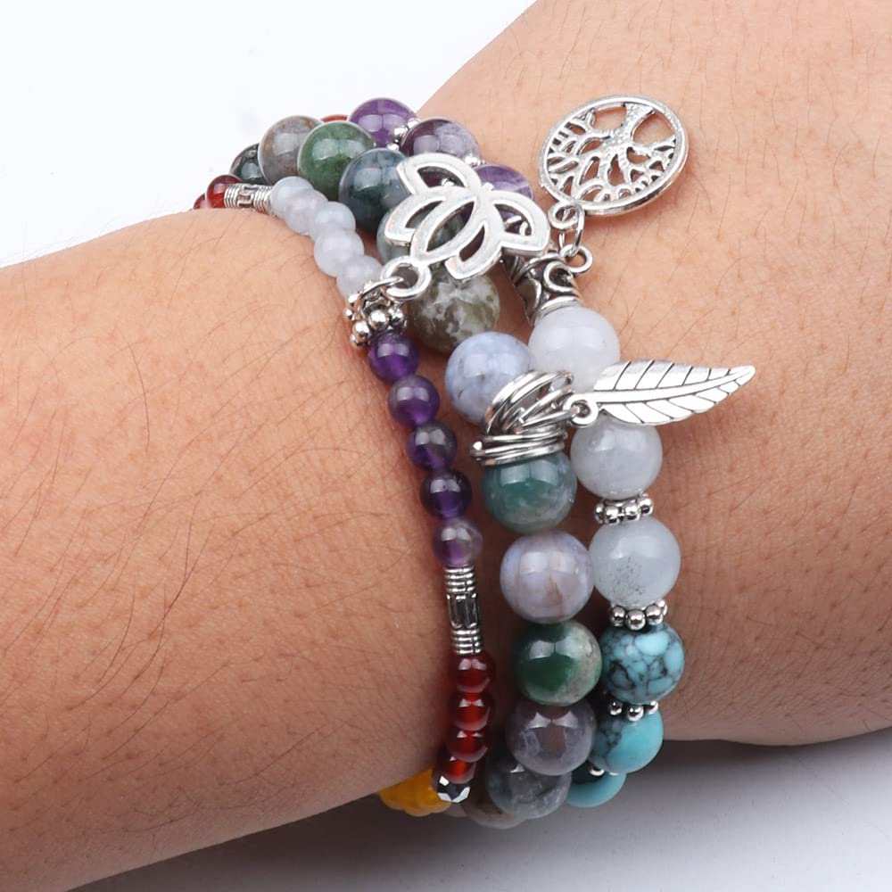UEUC Natural Gemstone Chakra Bracelets for Women, Multilayer Tree of Life Lotus Crystal Healing Stone Bracelet Sets, Yoga Meditation Reiki Relax Bracelets for Stress Relief(#77)