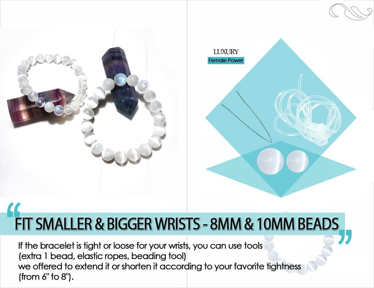 OwizJade Selenite Bracelets for Women and Men:8MM & 10MM | Negative Energy Shield | Natural Cats Eye | Crystal Jewelry to Cleanse and Charge Energy & Power | Must Have for Meditation