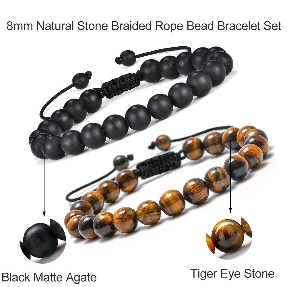 M MOOHAM Mens Bracelet Gifts for Him - Tiger Eye Black Matte Agate Mens Adjustable Bracelet Gifts for Teen Boy 16-18