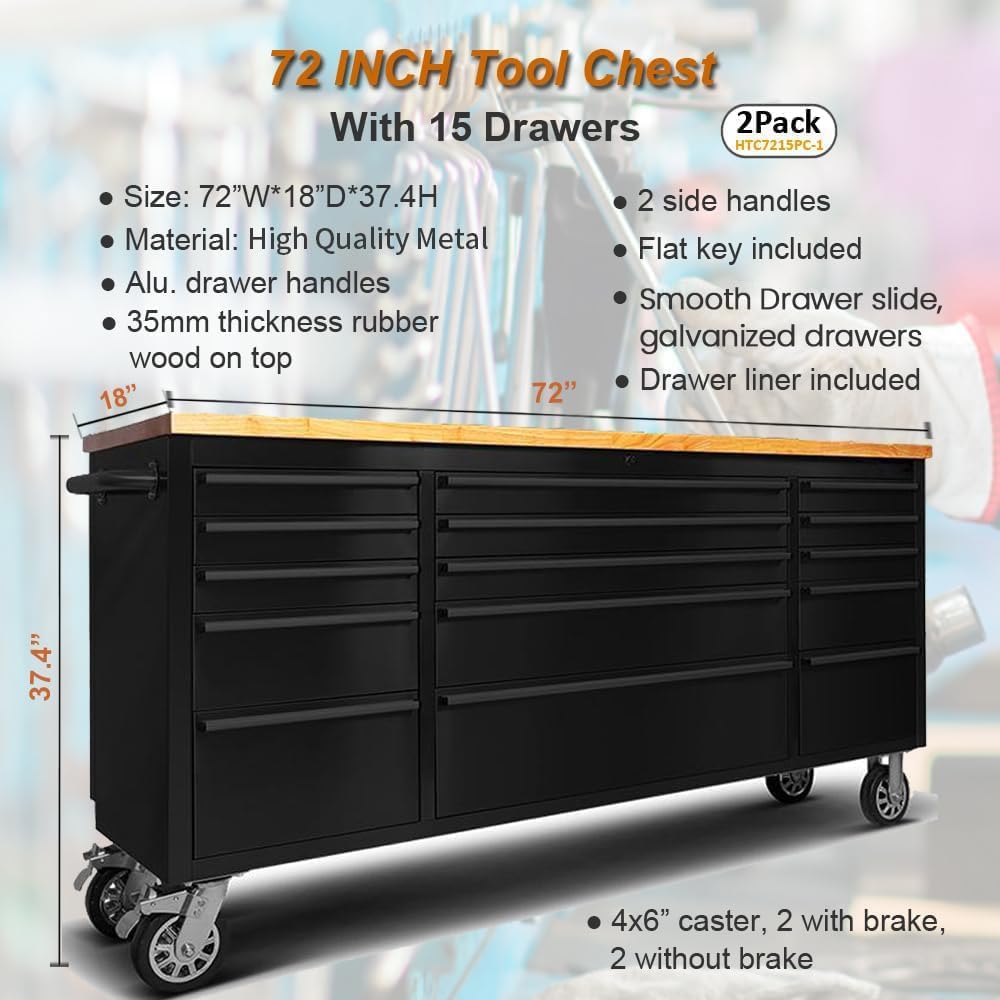 AnorTrek 72 inch Tool Chest with 15 Drawers for Garage, Workbench and Repair Store, Tool Cabinet -Black (72 inch Tool Chest- Black)