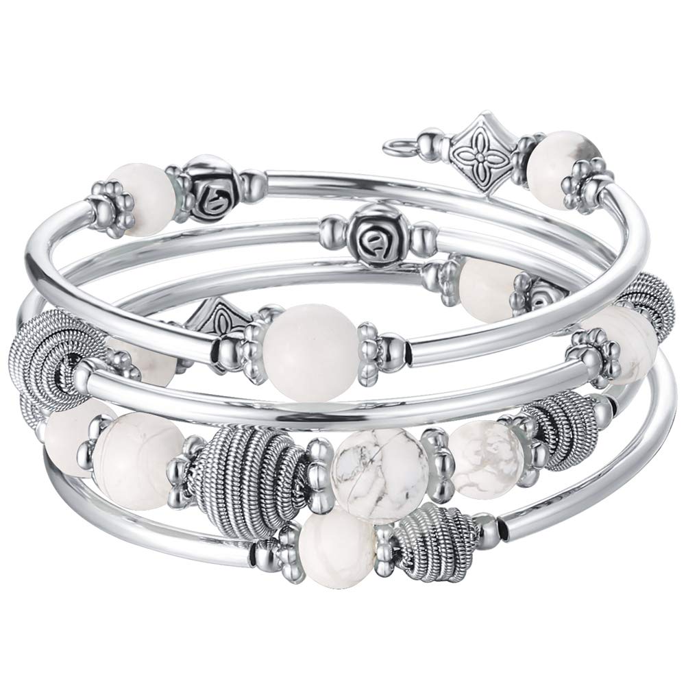 PEARL&CLUB Beaded Chakra Bangle Turquoise Bracelet - Fashion Jewelry Wrap Bracelet with Thick Silver Metal and Mala Beads, Birthday Gifts For Women(Howlite)