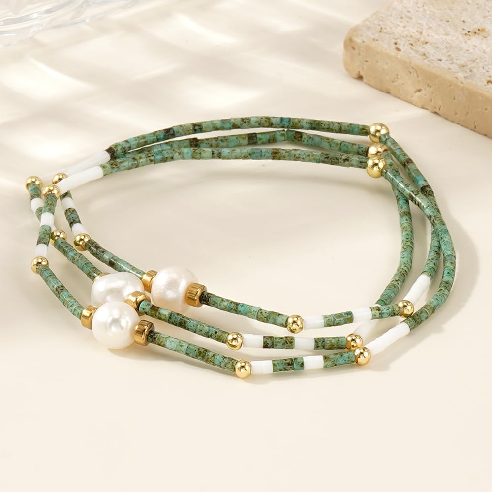 Opalencian Aventurine Pearl Beaded Stackable Bracelet for Women,3PCS/set Stack Green Beads Bracelet Charm Jewelry Gifts Friendship