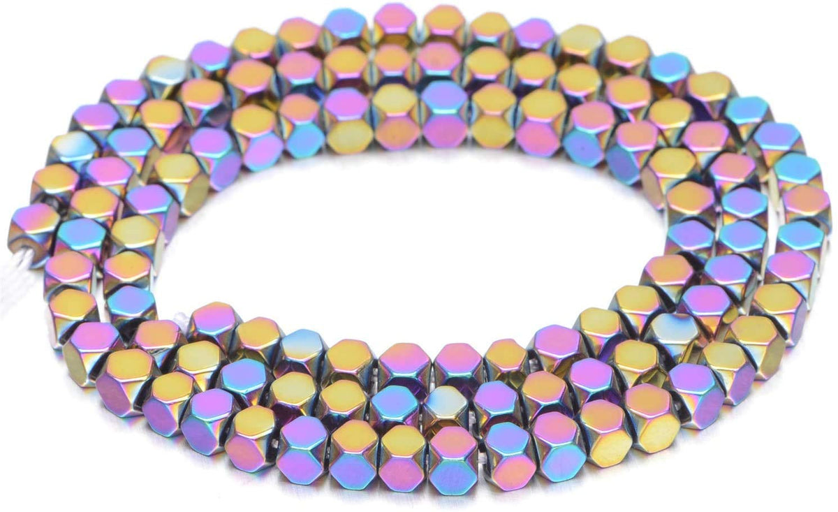 AD Beads Natural Hematite Gemstone Faceted Square Cube Loose Beads 16" (6x6mm, Metallic Multi-Colored)