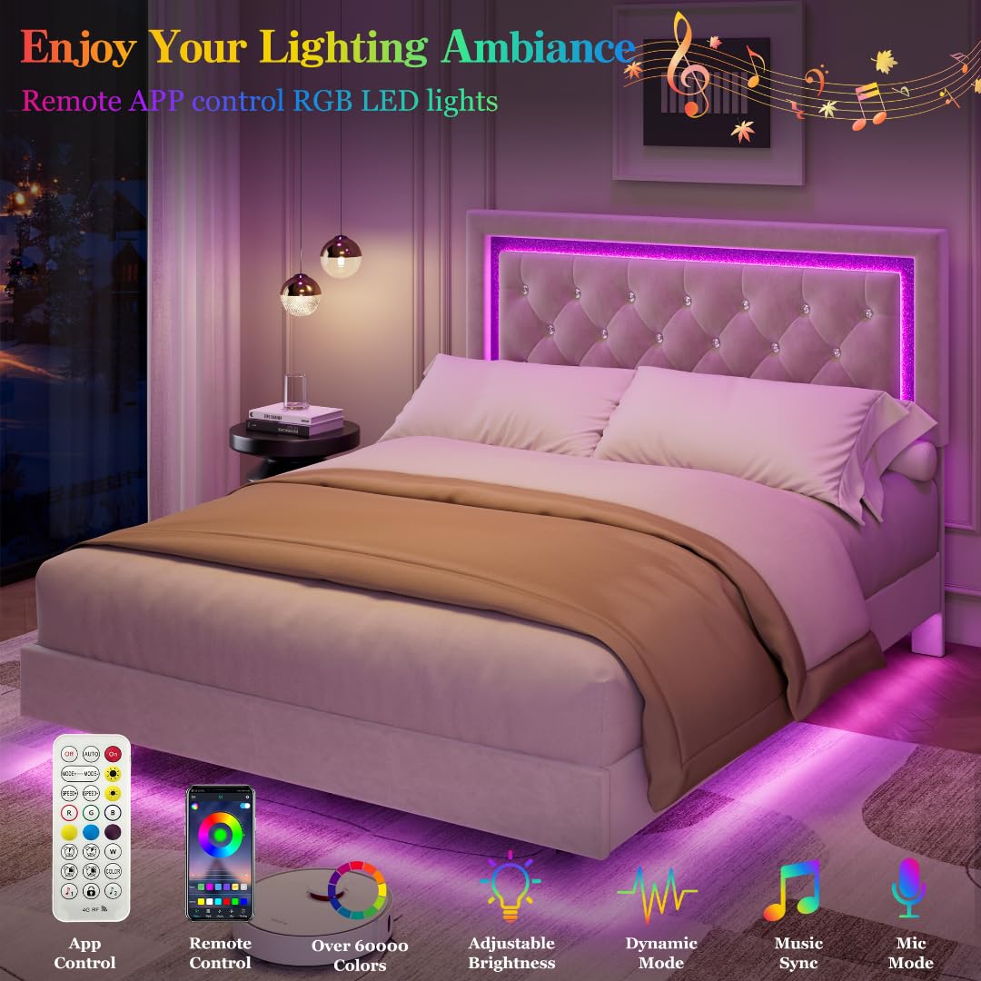 Garvee Floating Bed Frame Queen Size with Smart Led Lights, Upholstered Platform Bed with Diamond Headboard, Solid Wood Slats Support, No Box Spring Needed, Noise-Free, Easy Assembly, White