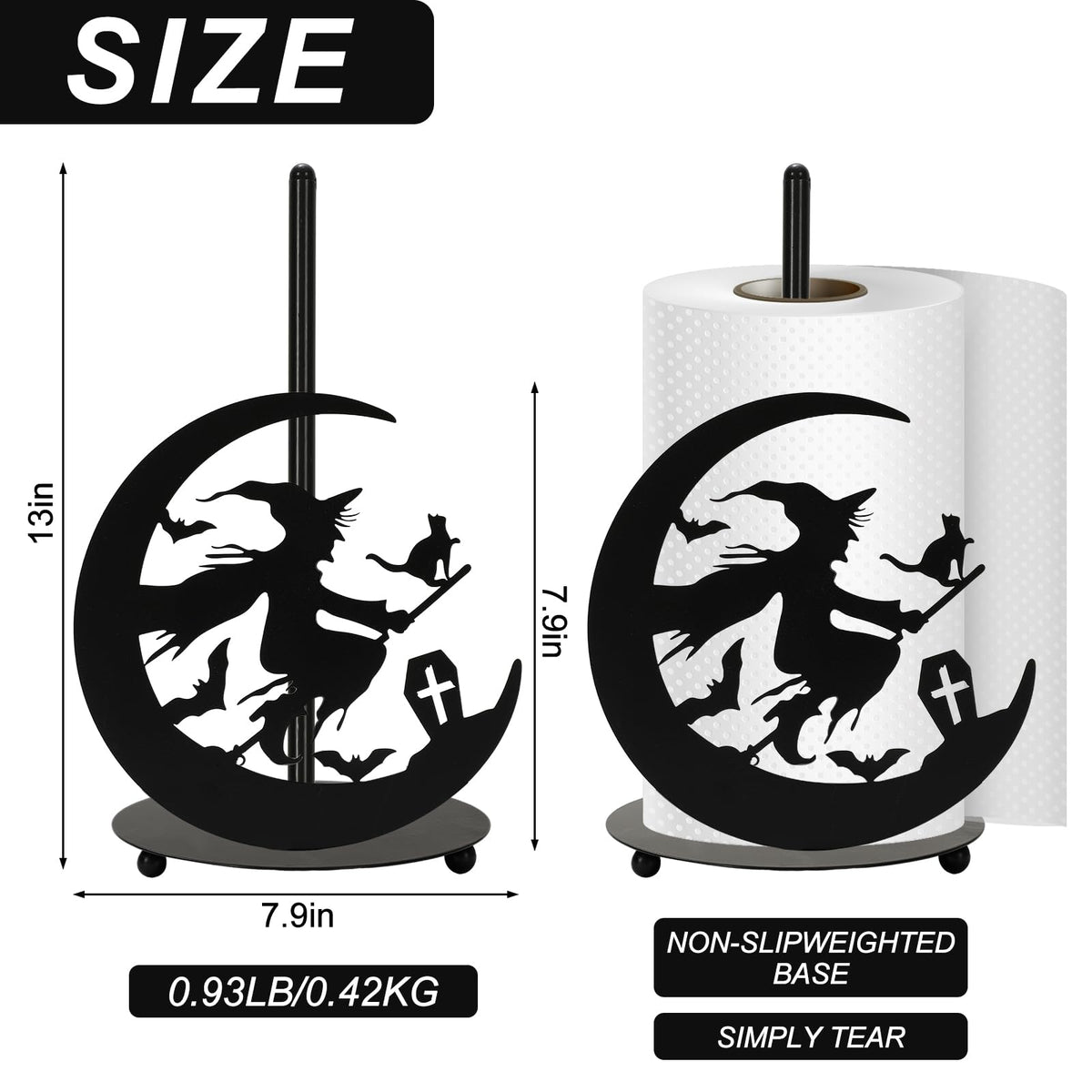 JarThenaAMCS Halloween Paper Towel Holder Black Witch Kitchen Decor Accessories for Home Bathroom, Large Metal Towel Holder Stand for Countertop