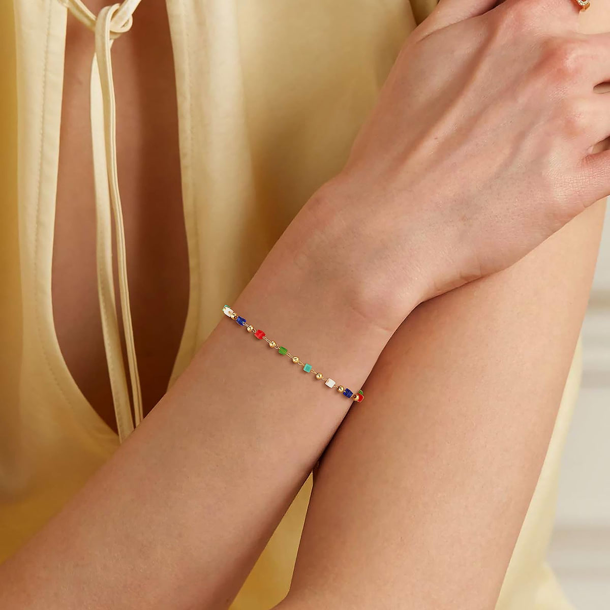 MEVECCO Gold Bracelet for Women 18K Gold Plated Colorful Square Crystal Stone Custom Handmade Mixed Beaded Charm Chain Bracelet Stack Jewelry Gifts