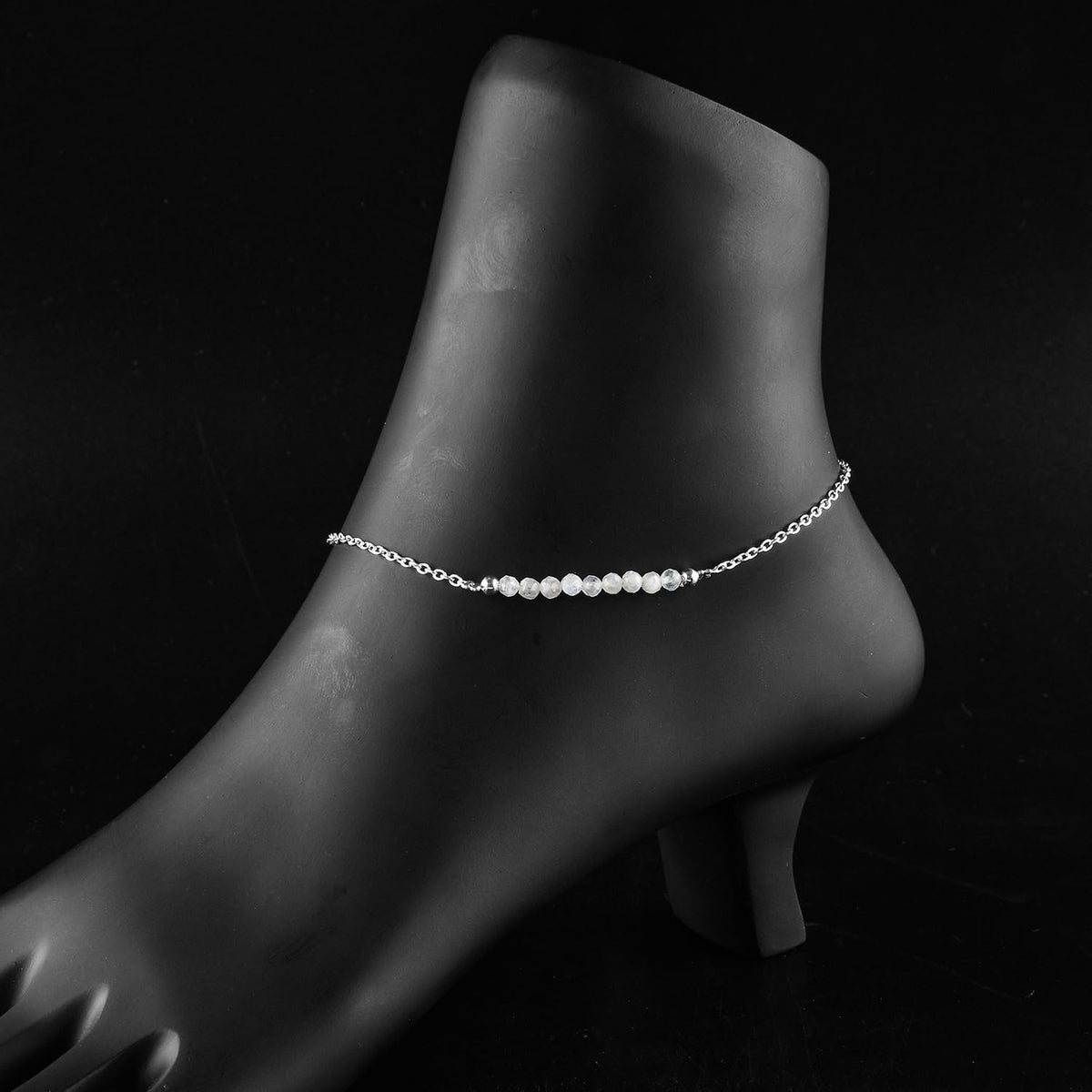 YANARA Moonstone Ankle Bracelet for Women, Natural June Birthstone Jewelry, Dainty Gemstone Beads, Handmade Anklet Silver Plated 9"+1.25" Inch Adjustable Chain, Chakra Balancing Crystals