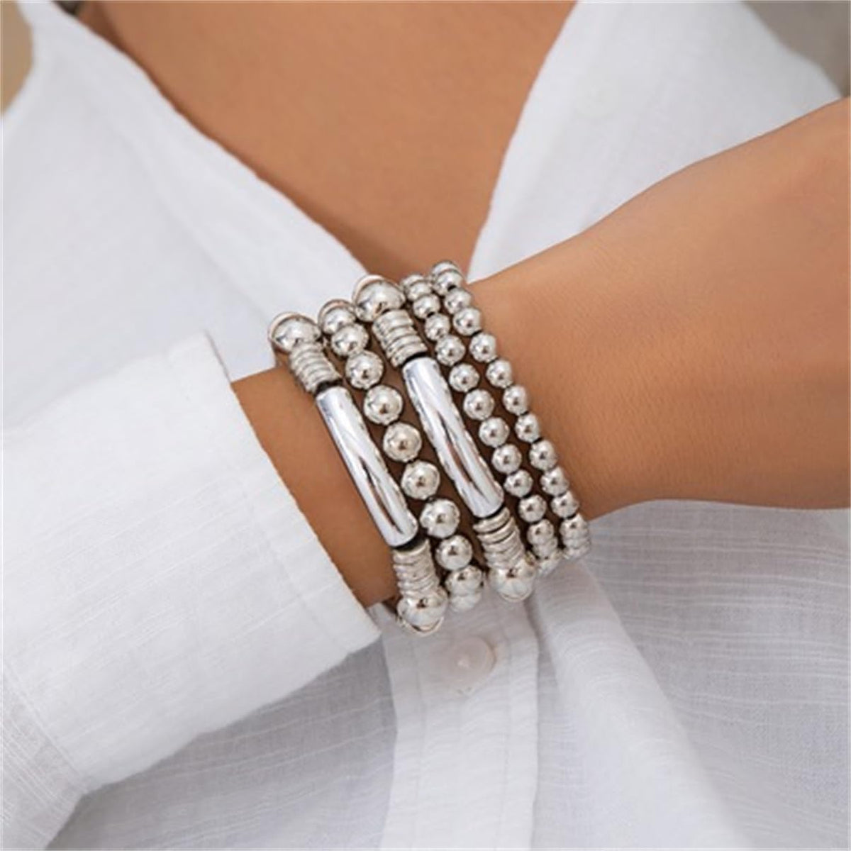 LXSSLY 5Pcs Silver Bangles Bracelets Set for Women,14K Gold Plated Stackable Bead Ball Bracelets Set,Adjustable Bead Bracelets,Boho Stretch Bead Ball Bracelet for Women