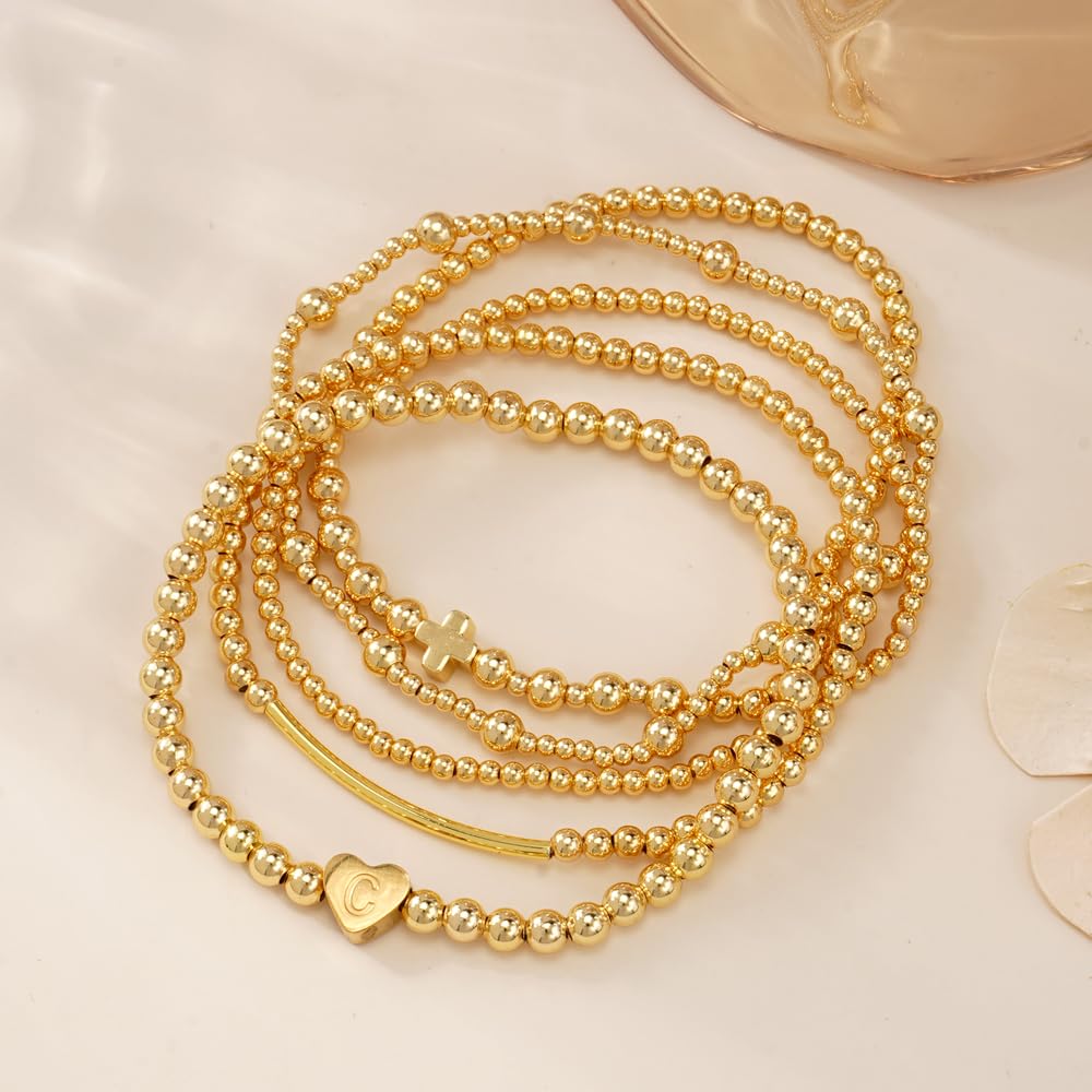 14K Gold Cross Beaded Initial Bracelet Stack for Women,Dainty Stretch Gold Plated Letter “C” Stackable Bracelets Bohemian Layered Prom Party Accessories Jewelry Gift Friendship