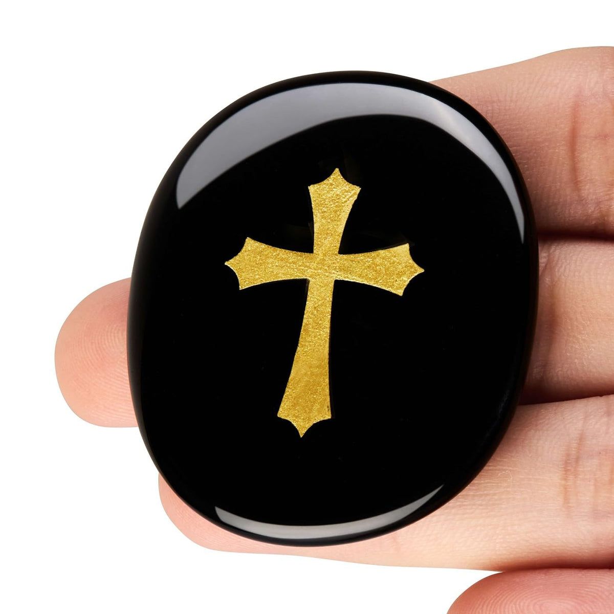 LAIDANLA Black Obsidian Cross Engraved Healing Crystal Worry Stones for Pray Faith Anxiety Relief Oval Palm Stone Polished Natural Crystal Gifts
