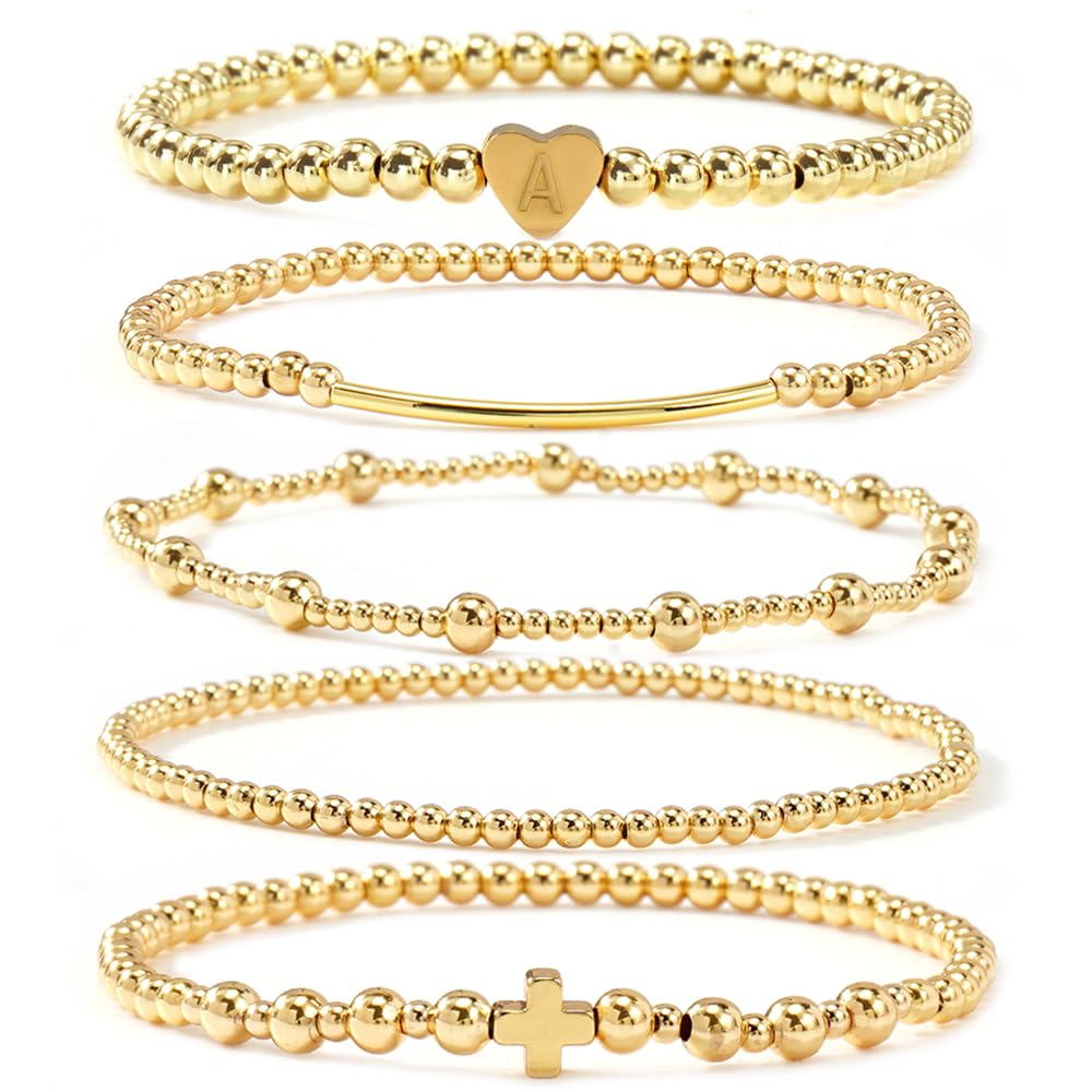 14K Gold Cross Beaded Initial Bracelet Stack for Women,Dainty Stretch Gold Plated Letter A Stackable Bracelets Bohemian Layered Prom Holiday Party Accessories Jewelry Gift Friendship